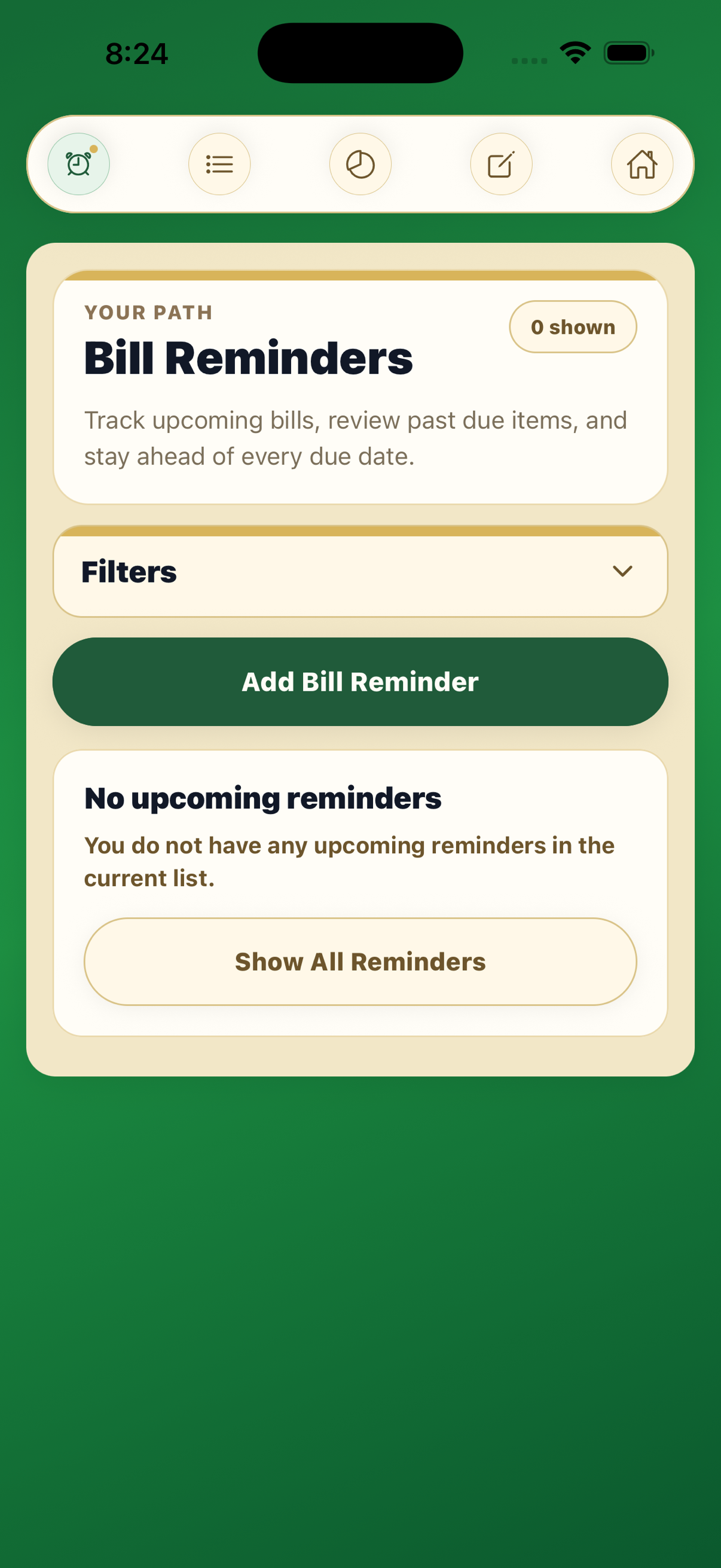 Centscribe bill reminders screen