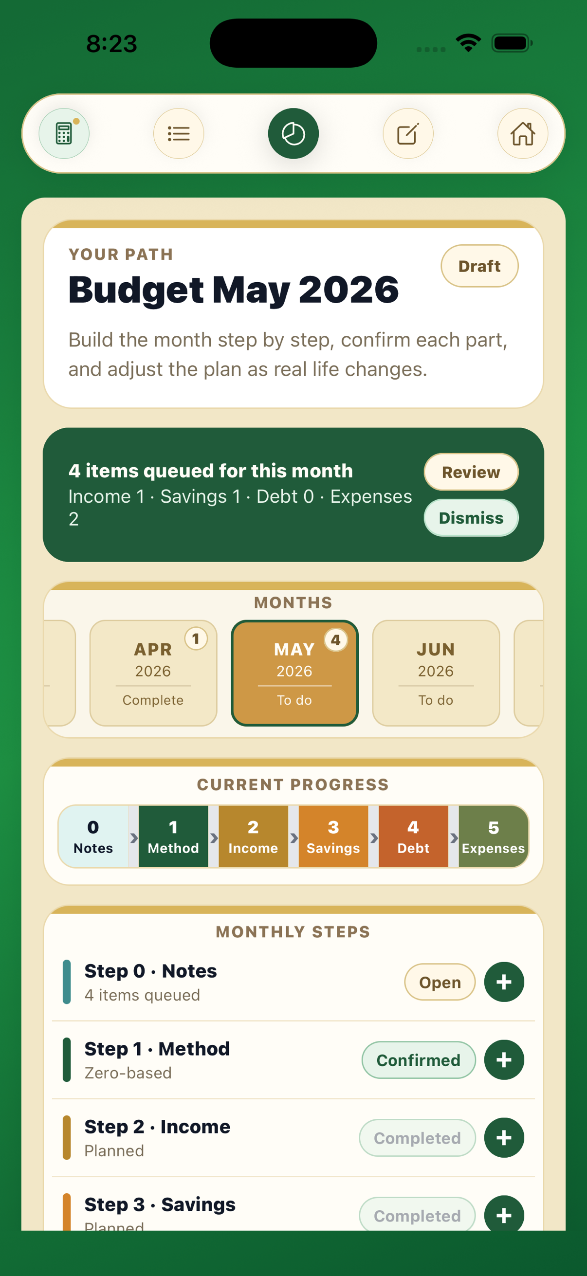 Centscribe budget screen showing monthly progress and step-by-step planning