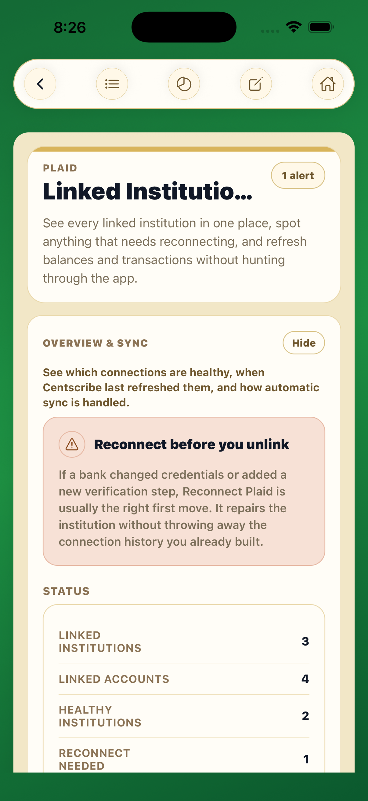 Centscribe account connections screen