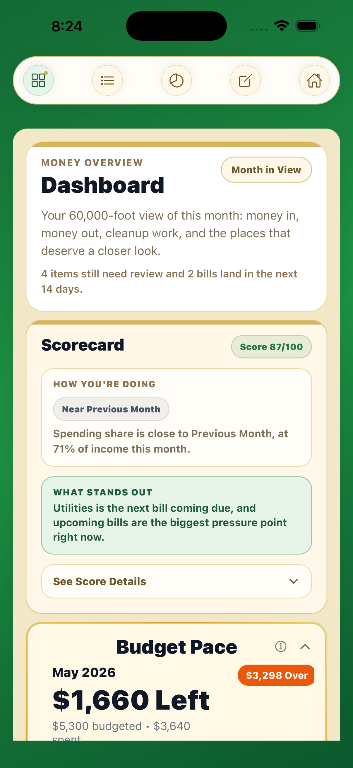 Centscribe dashboard screen with summary and next-step guidance