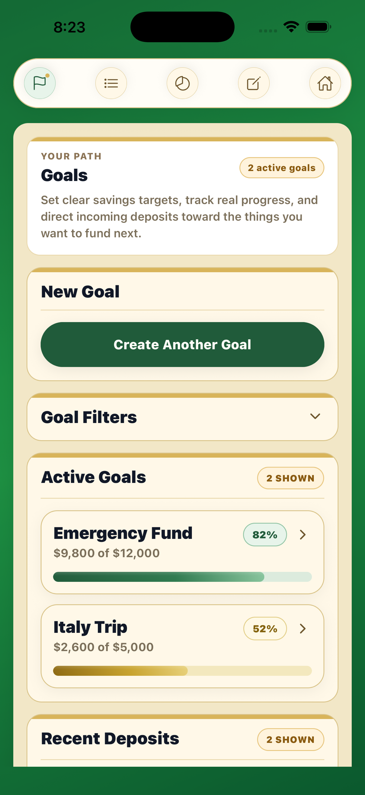 Centscribe goals screen showing savings goals and recent deposits