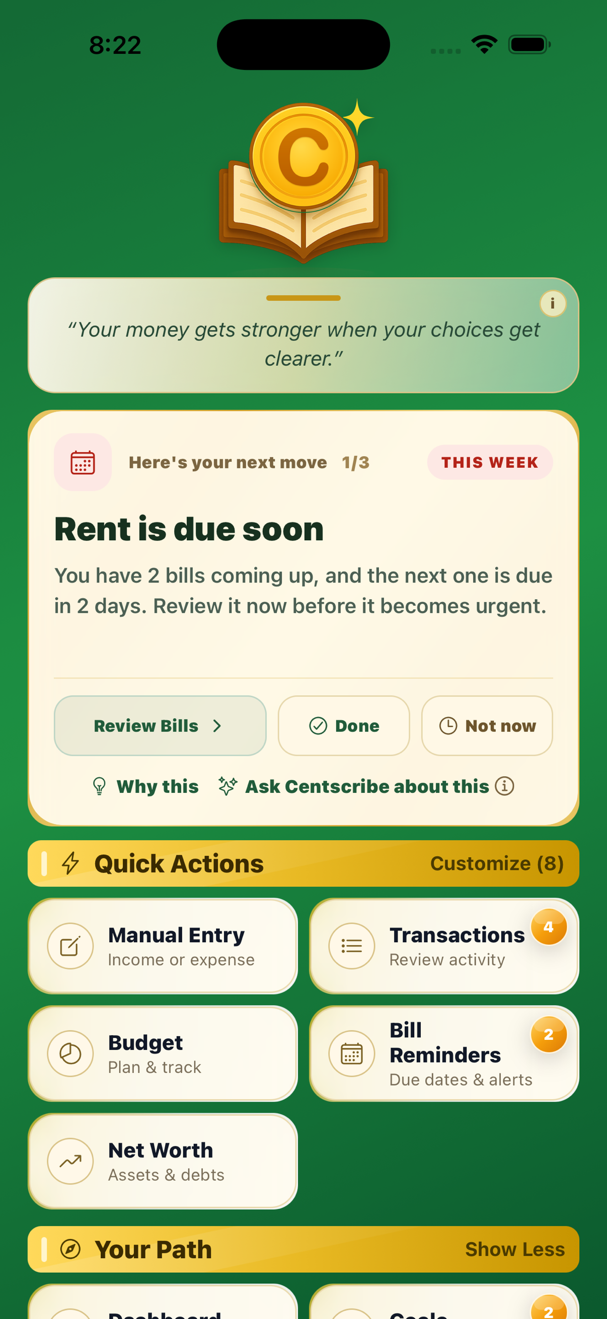 Centscribe home screen showing quick actions and budget pace