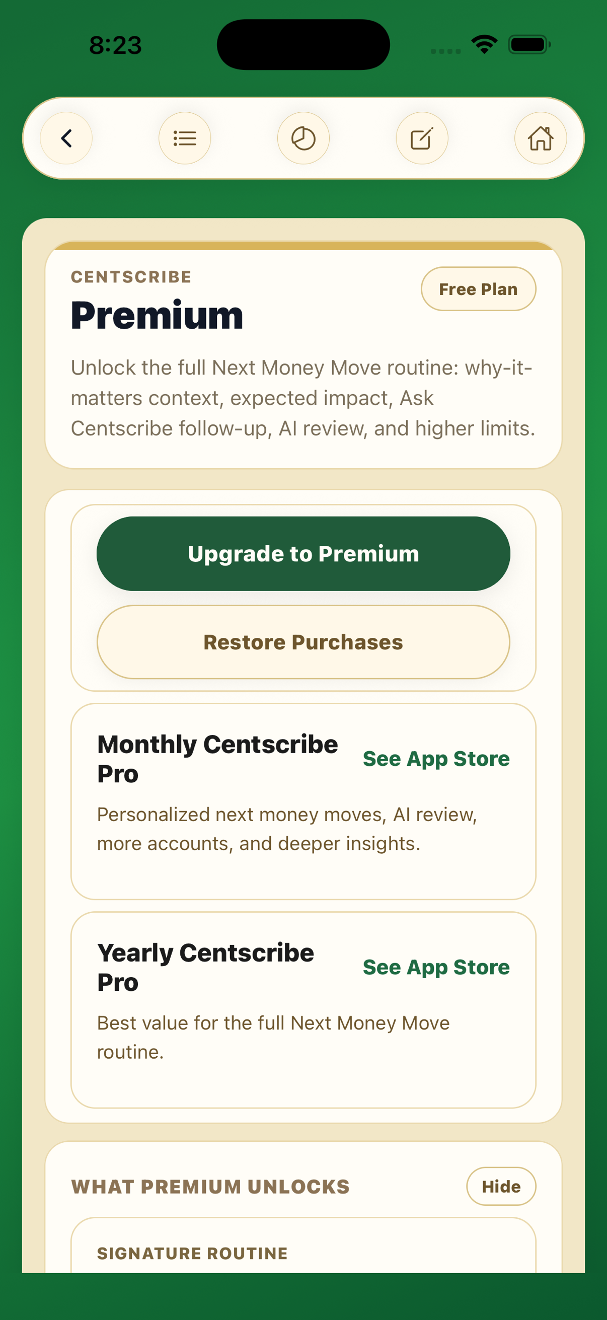 Centscribe premium screen