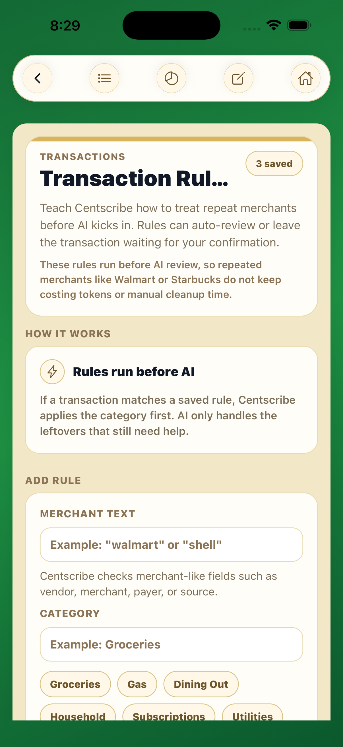 Centscribe transaction rules screen