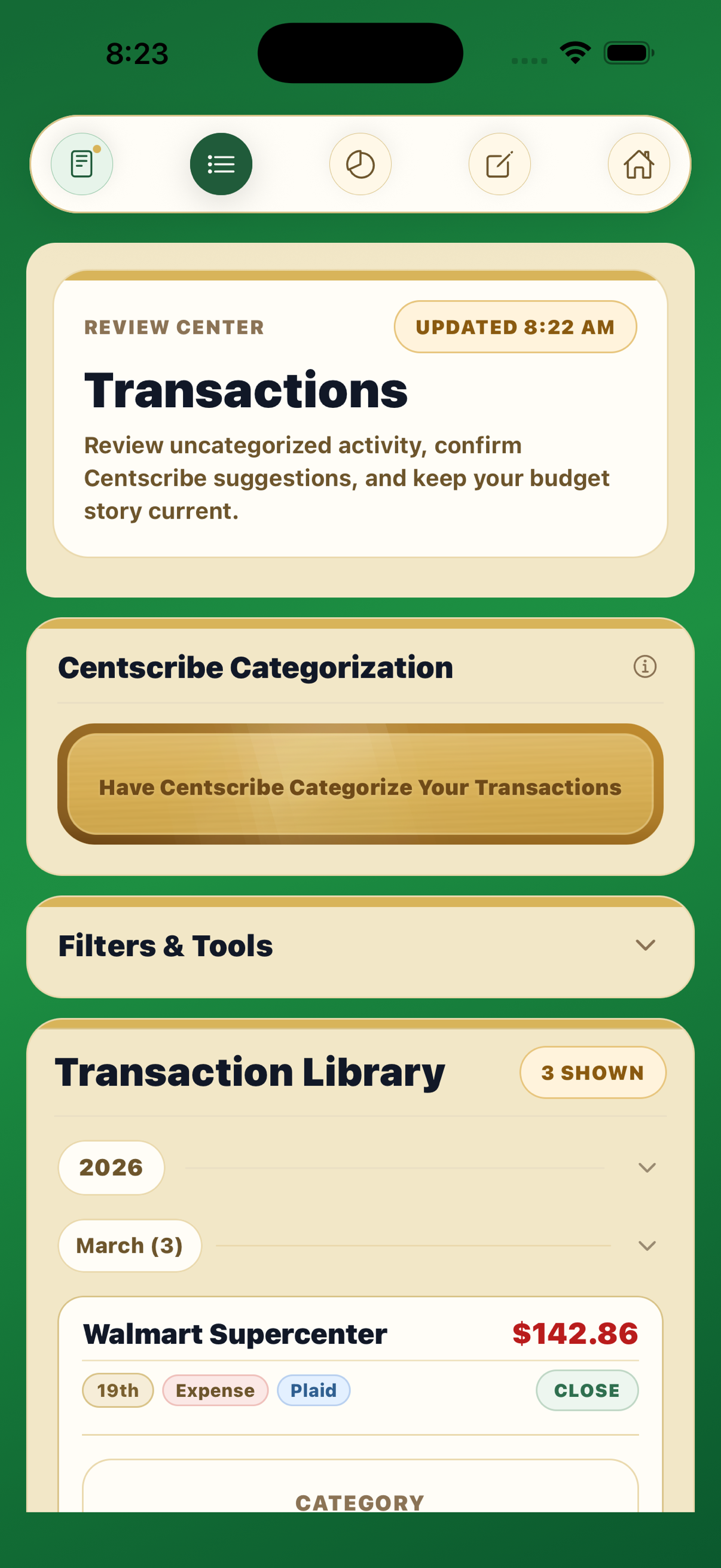 Centscribe transactions review screen with review queue and category options